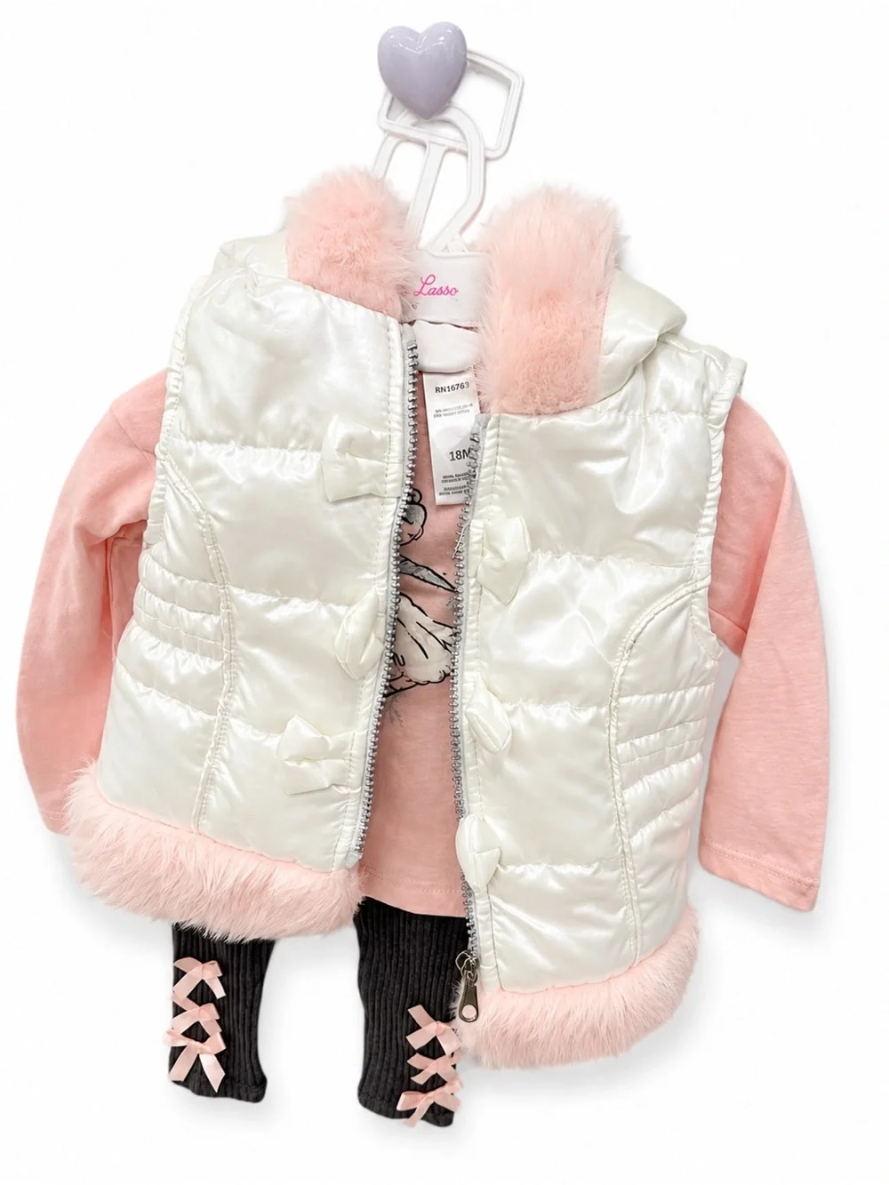 Girls' Cream Puffer Vest with Pink Faux Fur Trim